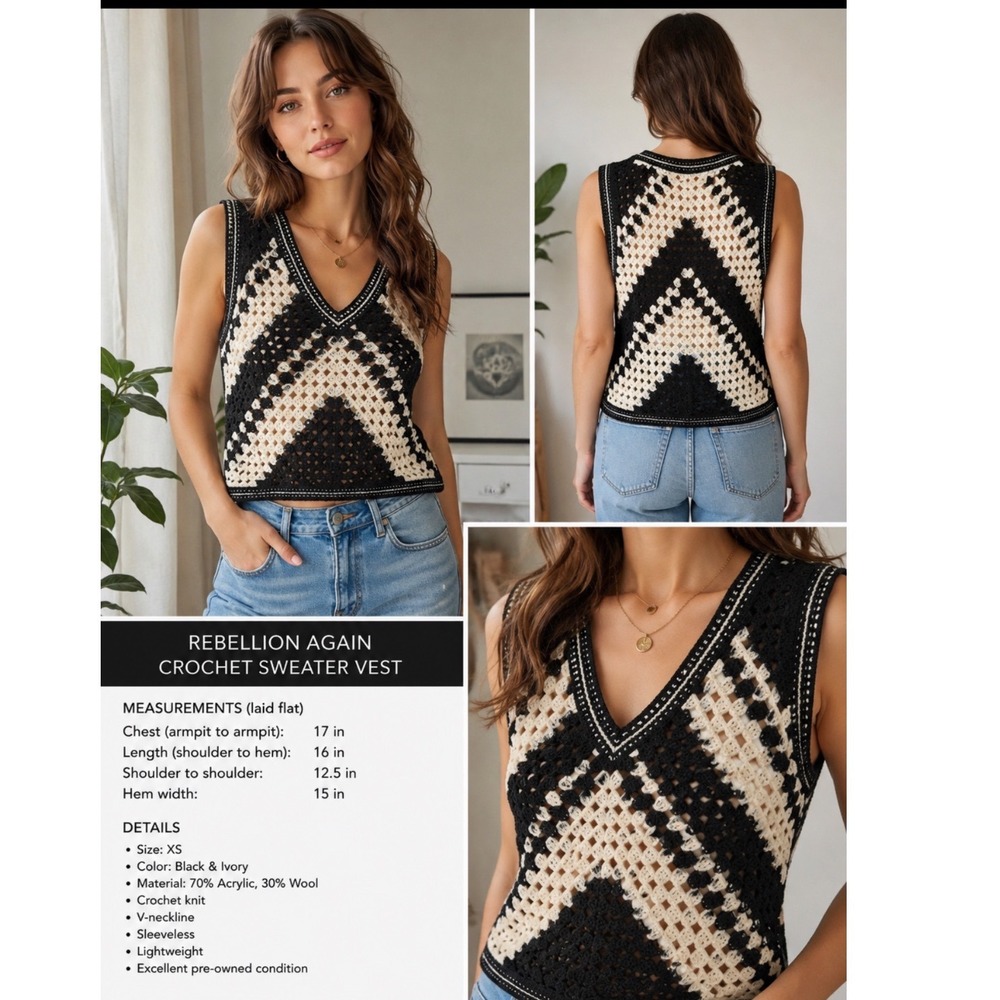 Rebellion Again Crochet Sweater Vest Black Ivory Chevron V-Neck XS Y2K Indy